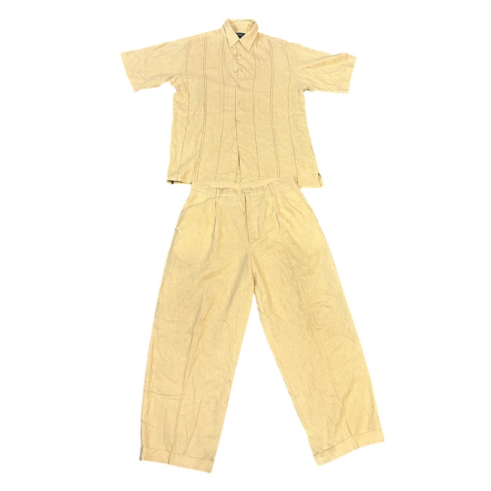 Giorginni Collezione Mens Linen Blend 2 Piece Shirt and Pants Set Yellow Large